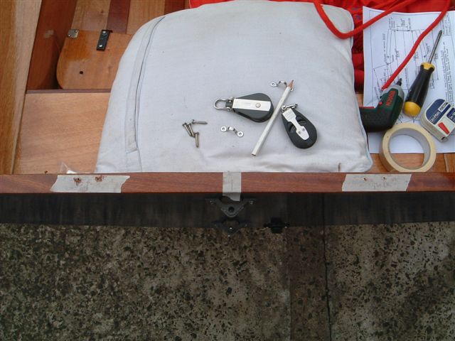 Fitting the transom blocks and fittings for the mainsheet - roughly 20cm from the center line.
